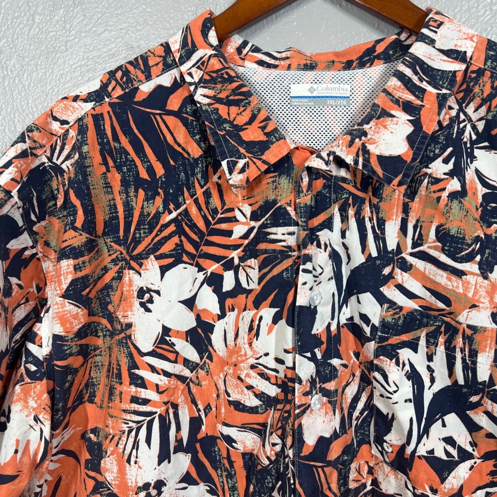 Columbia PFG Mens XXL Tropical Hibiscus Palm Print Fishing Shirt Orange Navy